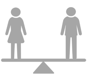 Two gender-neutral figures, one in a skirt and one in pants, stand balanced on a seesaw, symbolizing gender equality.